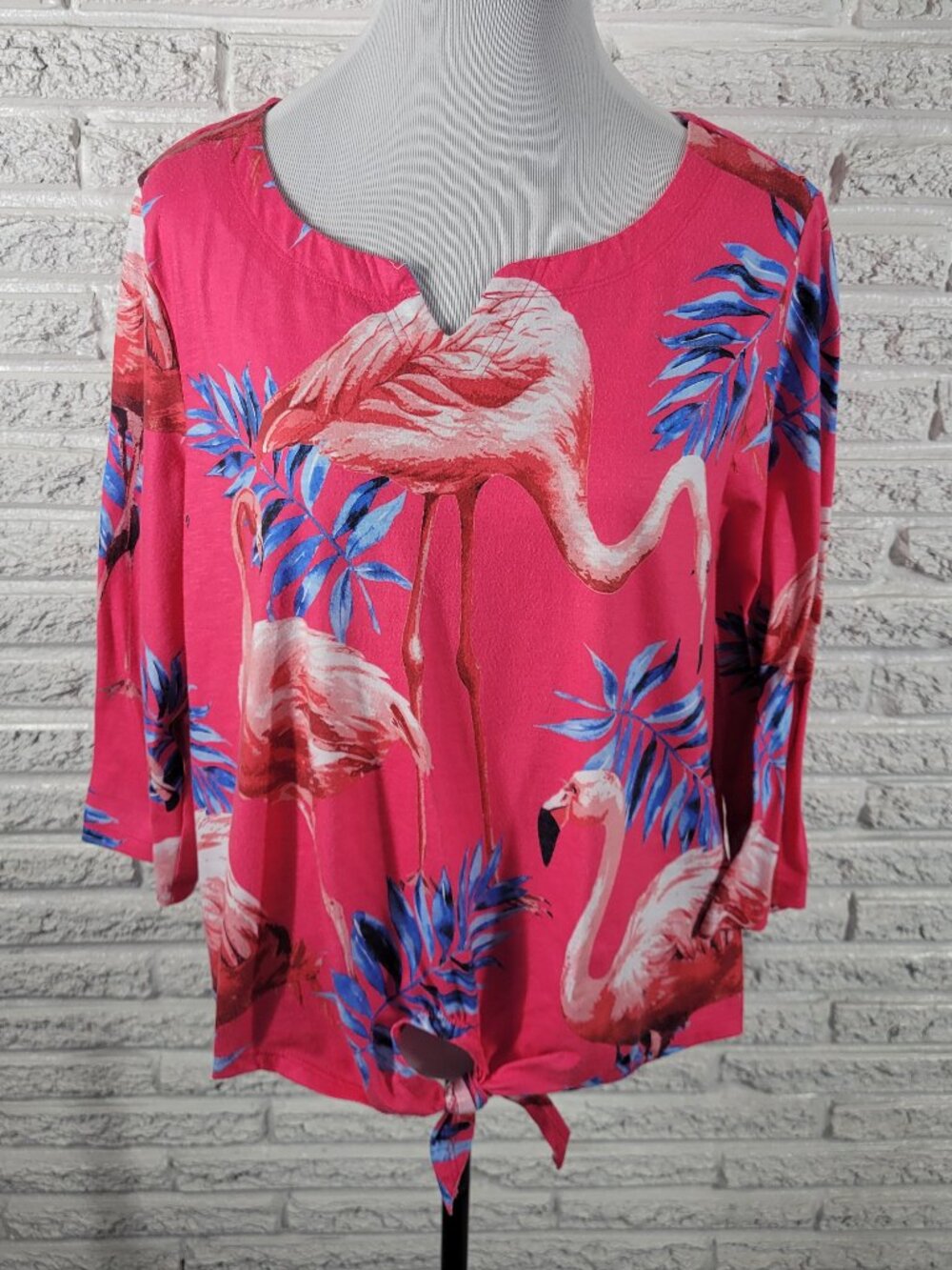 Onque Woman XL Blouse Pink Flamingo Tropical V-Neck 3/4 Sleeve‎ Front Tie FLO18E